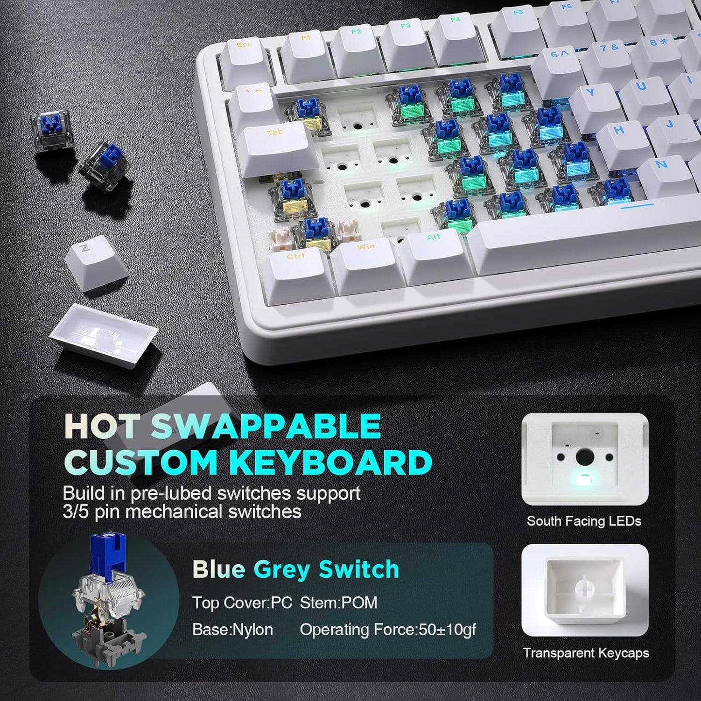 YUNZII B75 Mechanical Keyboard,75% Layout with Knob,Hot Swappable RGB Backlit Gasket Mounted, Creamy Typing, Double-Shot PBT Keycaps,Cherry Profile,for Win/Mac (Black, Blue Grey Tactile Switch)