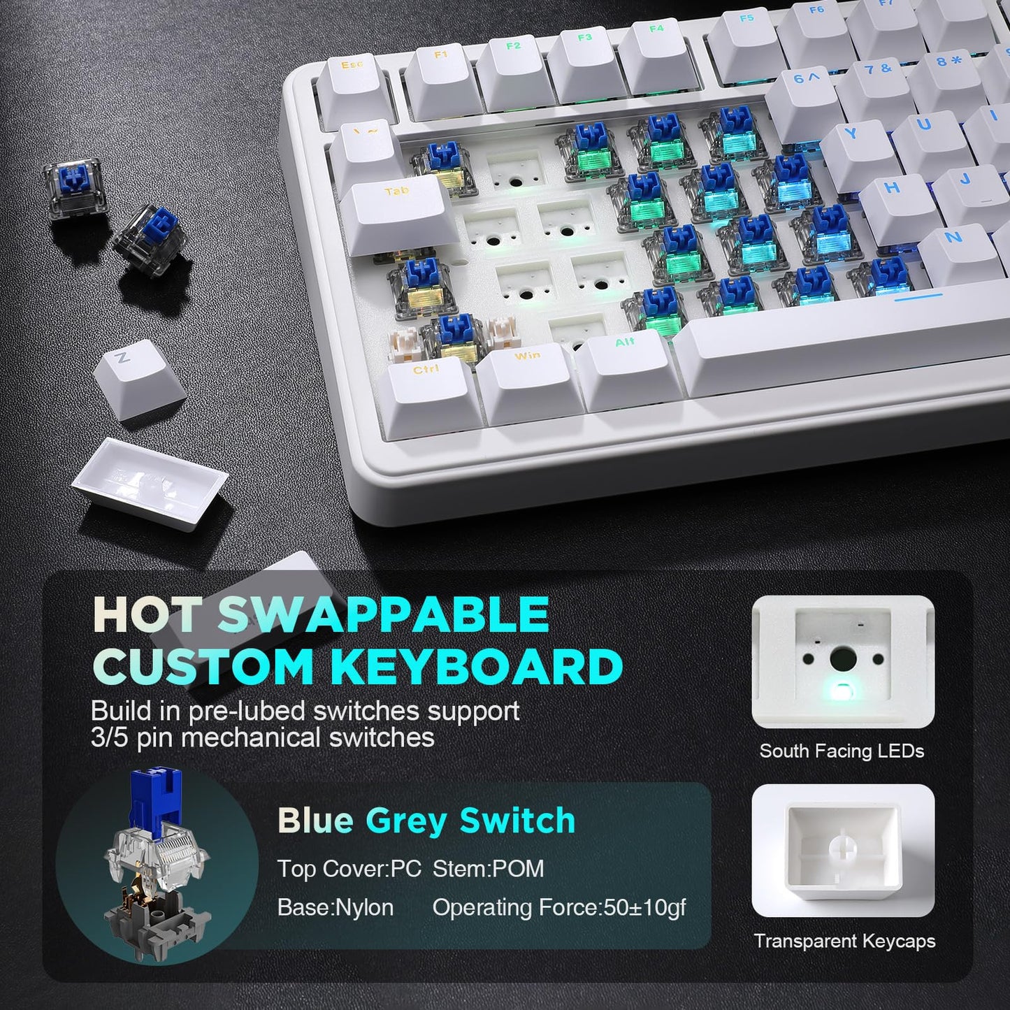 YUNZII B75 Mechanical Keyboard,75% Layout with Knob,Hot Swappable RGB Backlit Gasket Mounted, Creamy Typing, Double-Shot PBT Keycaps,Cherry Profile,for Win/Mac (White, Blue Grey Tactile Switch)