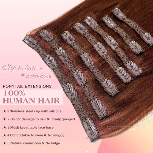 Royaomis Clip in Hair Extensions Real Human Hair, 16inch 120g 7pcs Human Hair Clip in Extensions for Women, Remy Red Hair Extensions Clip Ins, Soft & Natural Human Hair Extensions(16-#M30_33)