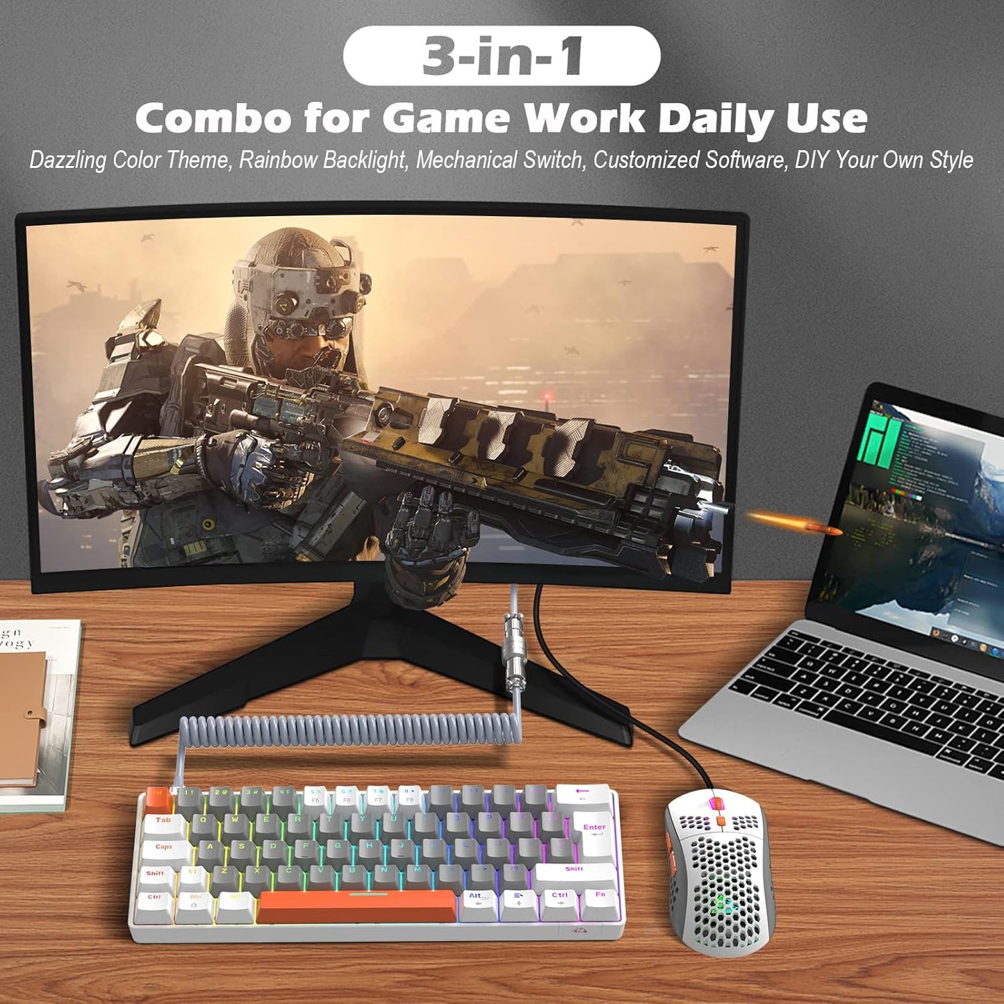 ZIYOU LANG RK-T60 Wired Mechanical Gaming Keyboard and Mouse Combo Portable with Rainbow Backlit 62Key NKRO 6400DPI RGB Honeycomb Mice Coiled Aviator Cable for PS4/PC/WIN Gamer(Dark Gray/Blue Switch)