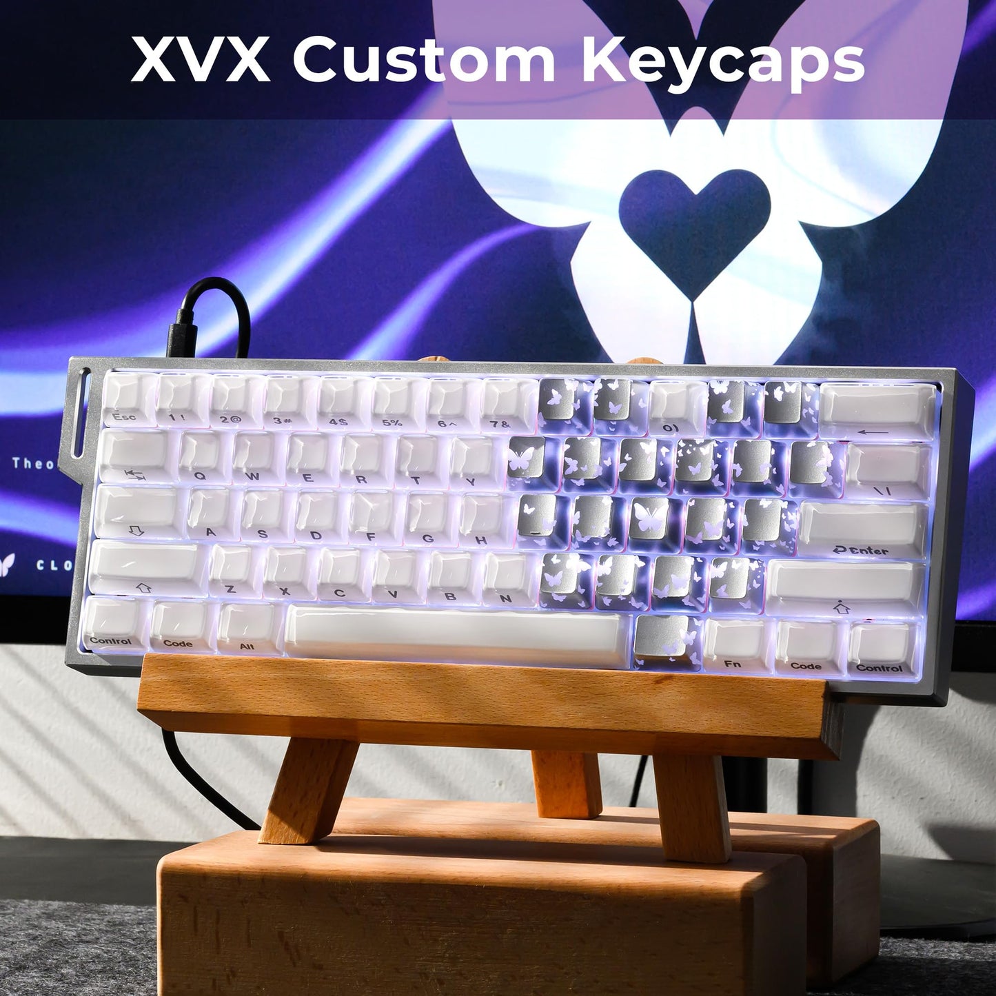 XVX Butterfly Shine Through Keycaps, Love Theme Cute Custom Keycaps, Blank OEM Profile IMD Translucent Keycap, Anime Style, for MX Switches Mechanical Keyboard, Silver(Only 21 Keys