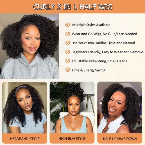 UWLK Half Wig Human Hair Curly 20 Inch 200 Density Glueless Jerry Curly Human Hair Half Wigs For Black Women 3 In 1 Seamless Flip Over Wear Go Beginner Friendly Curly Wig Natural Color