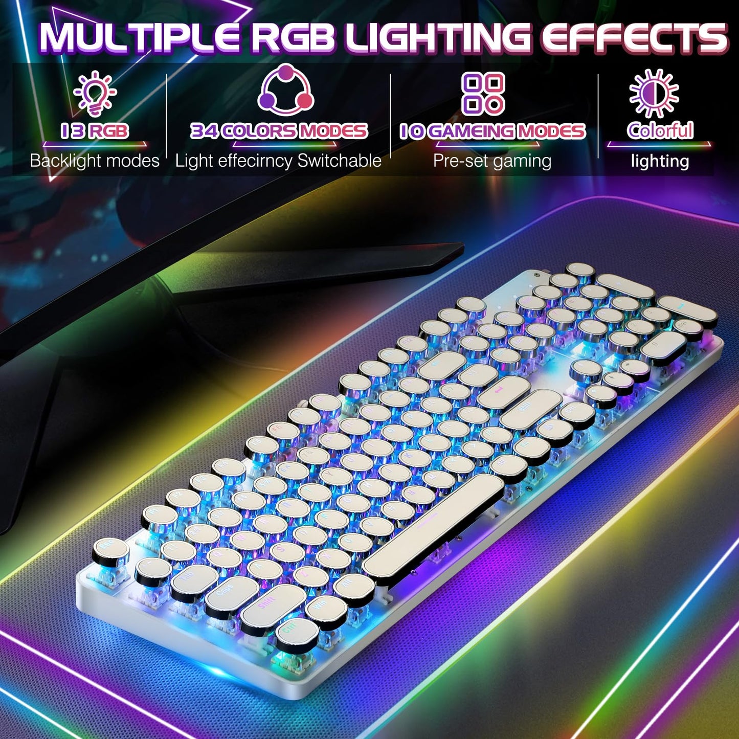 YSCP Typewriter Style Mechanical Gaming Keyboard RGB Backlit Wired with Blue Switch Retro Round Keycap 104 Keys Keyboard (White 104 Keys RGB)