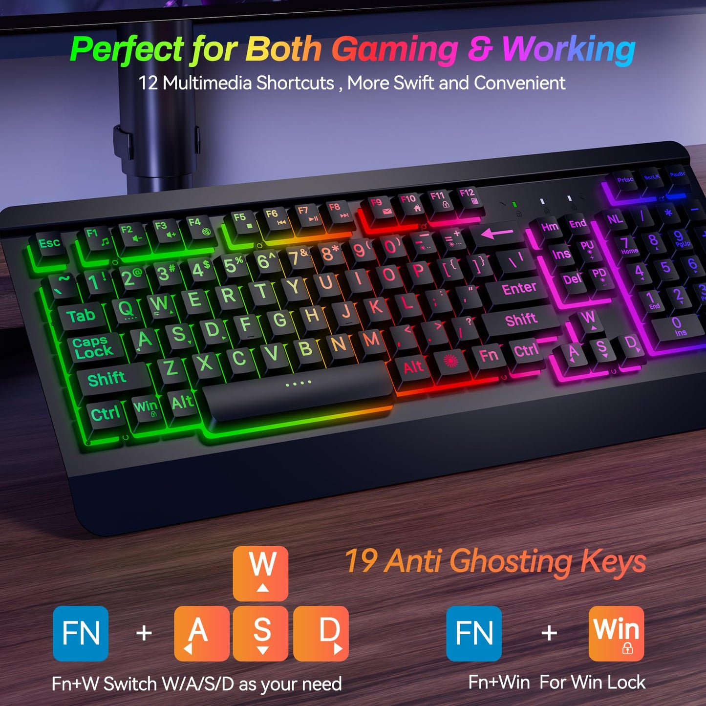 Acebaff Gaming Computer Keyboard with Large Print Keys, 104 Keys All-Metal Panel, Rainbow LED Backlit, Wrist Rest, Multimedia, Anti-Ghosting, Waterproof Light Up Wired Keyboard for PC Mac Gamer