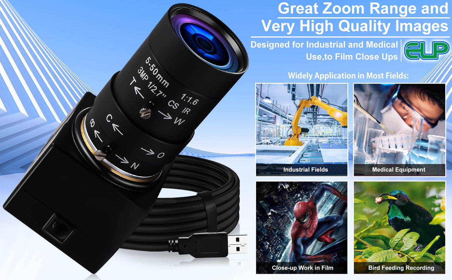 5mp USB Camera with Zoom 5-50mm Lens Webcam Variable Focus PC Camera Mini UVC USB2.0 USB with Camera for Computer Manual Zoom Close-up Camera Industrial Varifocal Web Camera for Raspberry Pi Laptop