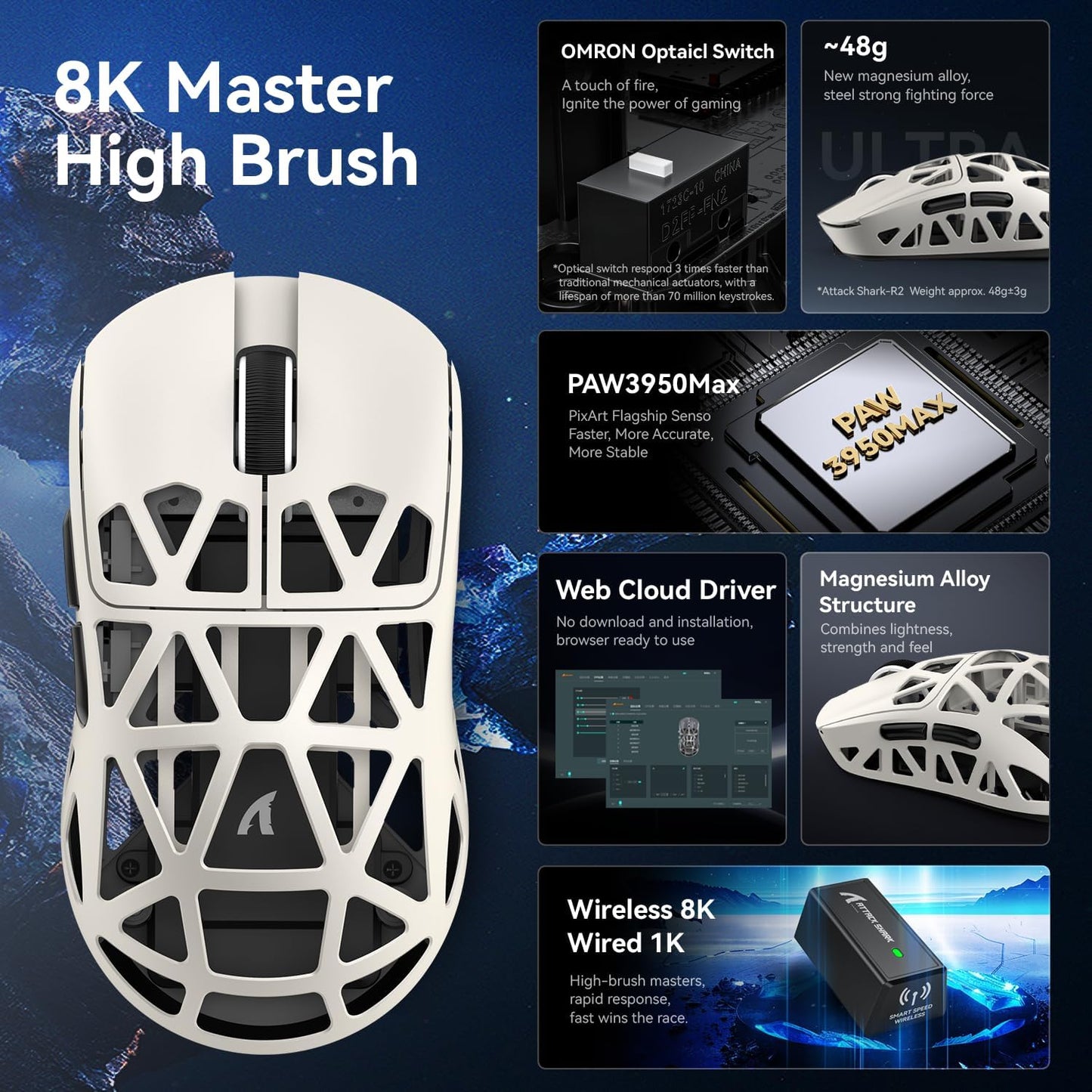 ZIYOU LANG x Attack Shark R2 Wireless Gaming Mouse, Ultra Lightweight Magnesium Alloy, PAW3950 42000 DPI Optical Sensor, 8KHz Polling Rate, BT/2.4G/Wired Programmable Mice with Grips Sticker (Black)