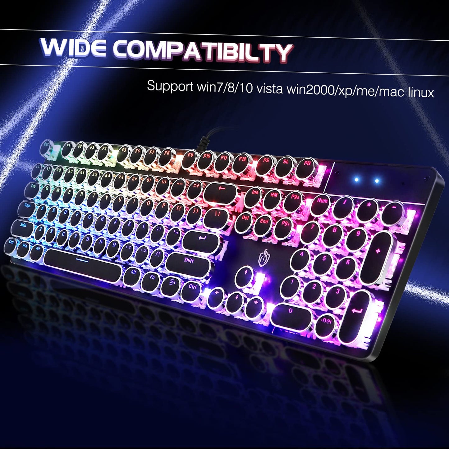 YSCP Typewriter Style Mechanical Gaming Keyboard RGB Backlit Wired with Blue Switch Retro Round Keycap 104 Keys Keyboard Compatible with Laptops/Chromebook/Desktop (Black 104 Keys RGB)