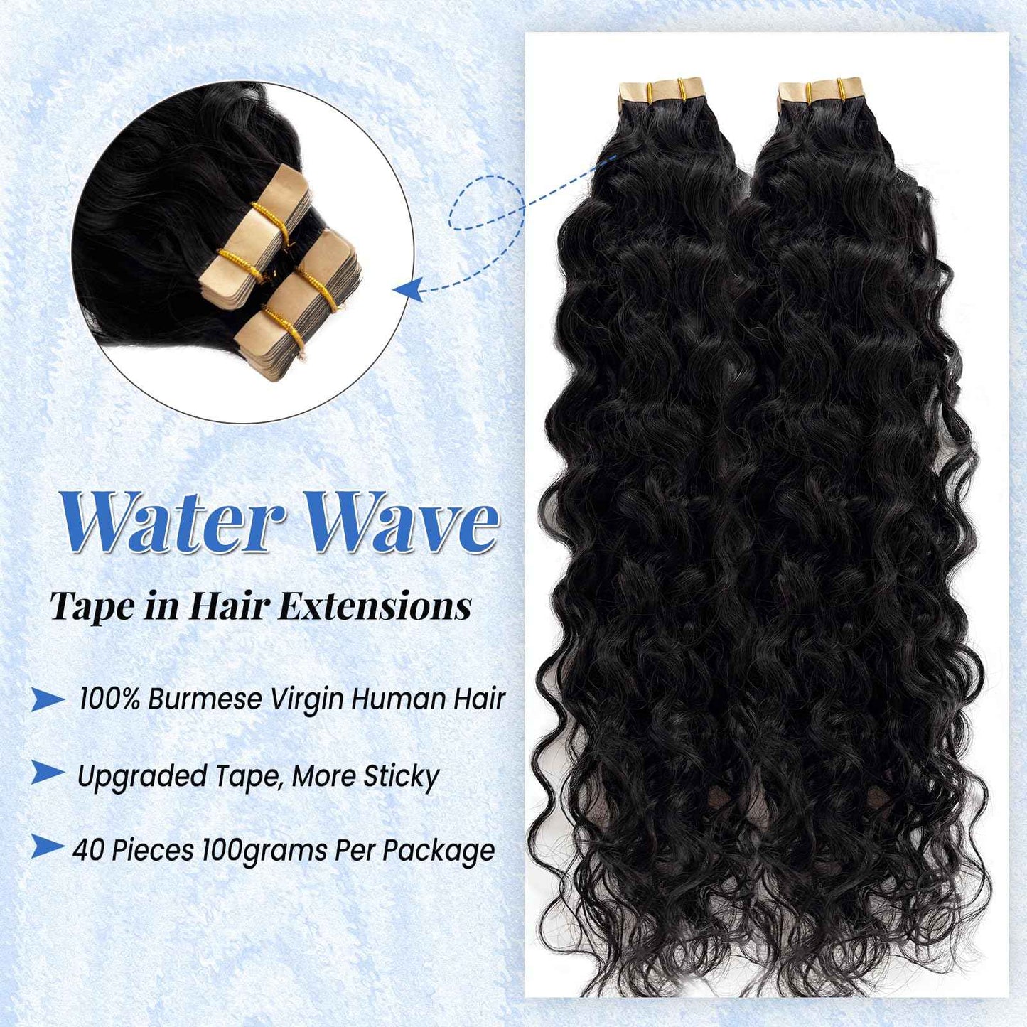Long Curly Wave Tape in Hair Extensions Natural Color 22 Inch Water Wave Tape in Human Hair Extensions 40PCS 100G Thick and Full Invisible Tape ins Water Wave Real Remy Human Hair Pieces Black