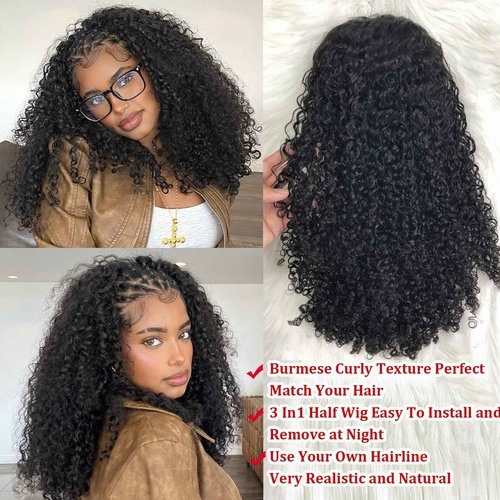 BLG Burmese Curly Half Wig Human Hair 300% Density 3 In 1 Human Hair Half Wigs for Women 16 Inch Curly Seamless Wear and Go Glueless Drawstring Wig Natural Color Quick Install Beginners Friendly Wigs