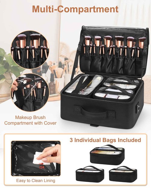 Relavel Large Makeup Bag with 3 Removable Pouches, Travel Train Case Cosmetic Organizer Carrying Box for Makeup Artists Hairstylist with Adjustable Dividers, Brush Holder and Shoulder Strap, Black