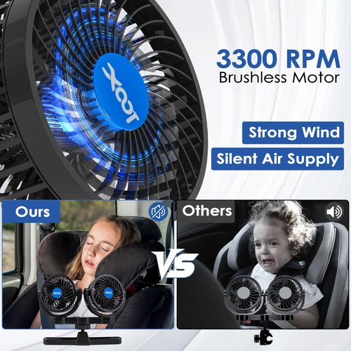 XOOL Electric Car Fans for Rear Seat Passenger Portable Fans Headrest 360 Degree Rotatable Backseat Car Fan 12V Cooling Air Fan with Stepless Speed Regulation for Vehicles, SUV, RV