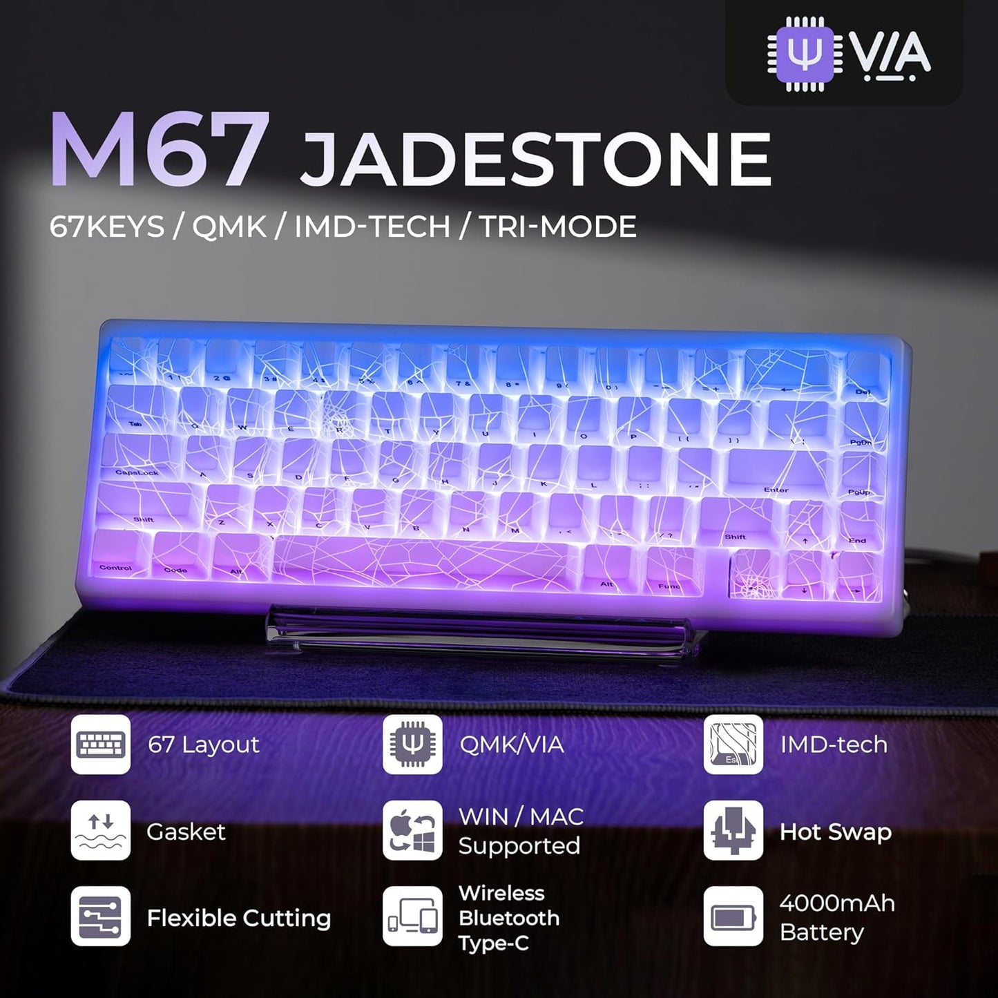 XVX M67 Wireless 60% Percent Keyboard, QMK/VIA Topographic Gaming Keyboard, Tri-Mode Thocky Creamy Mechanical Key Board, Hot Swappable Gasket Mount RGB IMD Tech for Win/Mac, Miami Theme, White