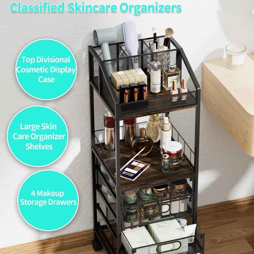HapiRm Makeup Organizer Storage Cart - Floor Skincare Make Up Storage with 4 Drawers, Rolling Makeup Cart Vanity Organizer Cosmetics Display Cases Holder for Skin Care Perfume Nail Polish