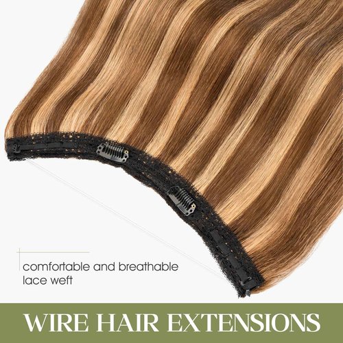 Charites Halo Hair Extensions Real Human Hair Invisible Wire Extensions with Transparent Fish Line Adjustable Size Medium Brown & Dark Blonde 20 inch