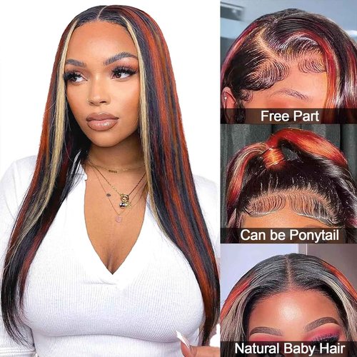 Ginger Blonde Highlight Lace Front Wigs Human Hair Skunk Stripe 13x4 Lace Frontal Wig Straight Black Ginger and Blonde Ombre Colored Wigs Glueluess Human Hair 18 Inch 180% Density Pre Plucked