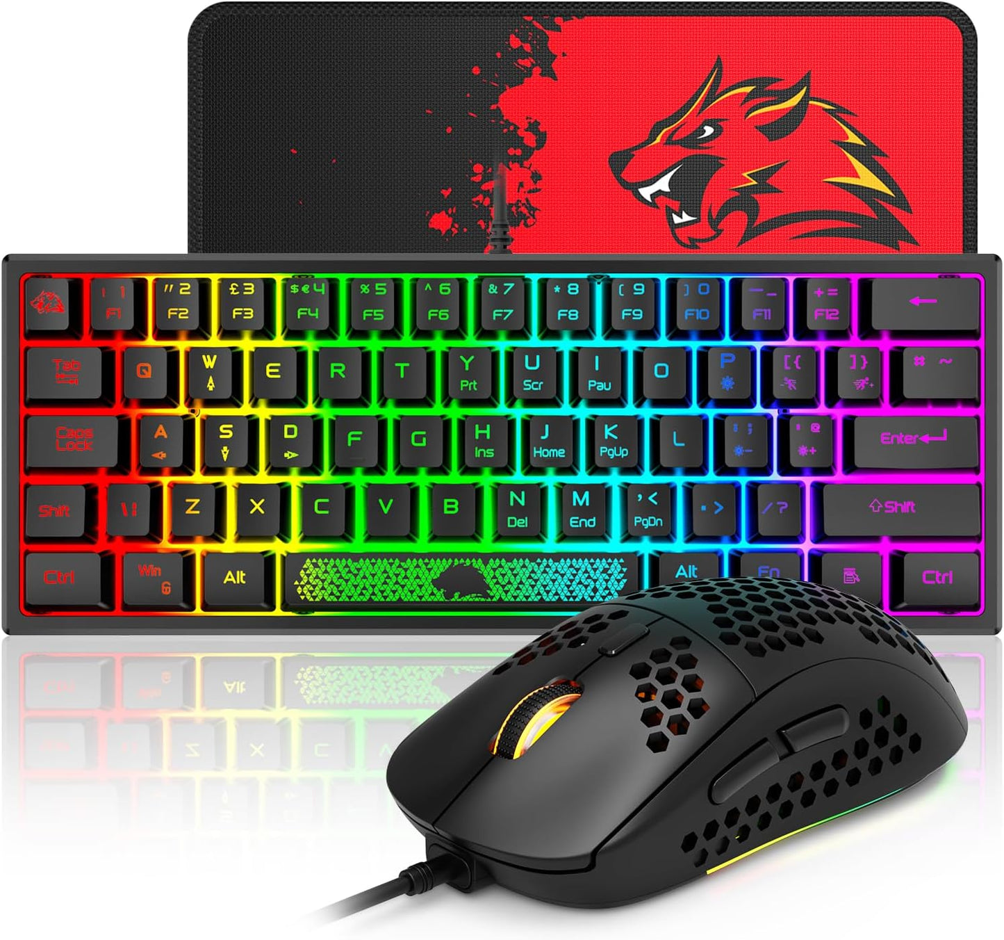 60% Gaming Keyboard and Mouse Combo Small Mini RGB Backlight Mechanical Feeling and Mechanical RGB 6400 DPI Honeycomb Optical Mouse,Gaming Mouse pad for Gamers and Typists Black