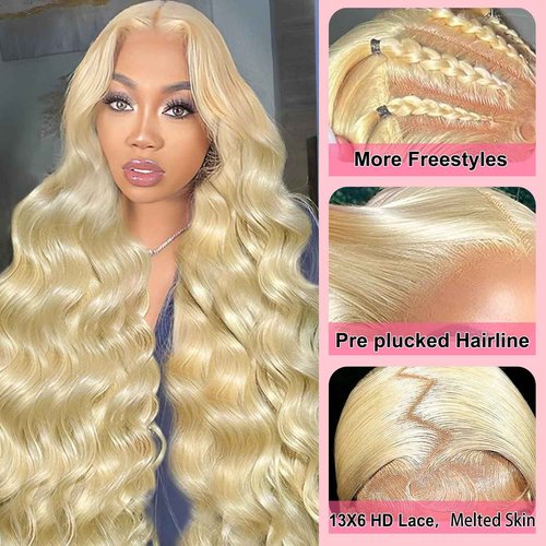 QGVQGV 30 Inch 613 13x6 Lace Front Wig Human Hair 210 Density Blonde Wig Human Hair Body Wave Lace Front Wigs Pre Plucked 613 HD Lace Frontal Wigs 13x6 Body Wave With Baby Hair for Women