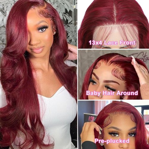 Burgundy 13x4 Lace Front Wigs Human Hair Body Wave Glueless Wine Red 99j Colored Pre Plucked with Baby Hair 180% Density HD Transparent Lace Frontal Wigs for Women (20", Burgundy)