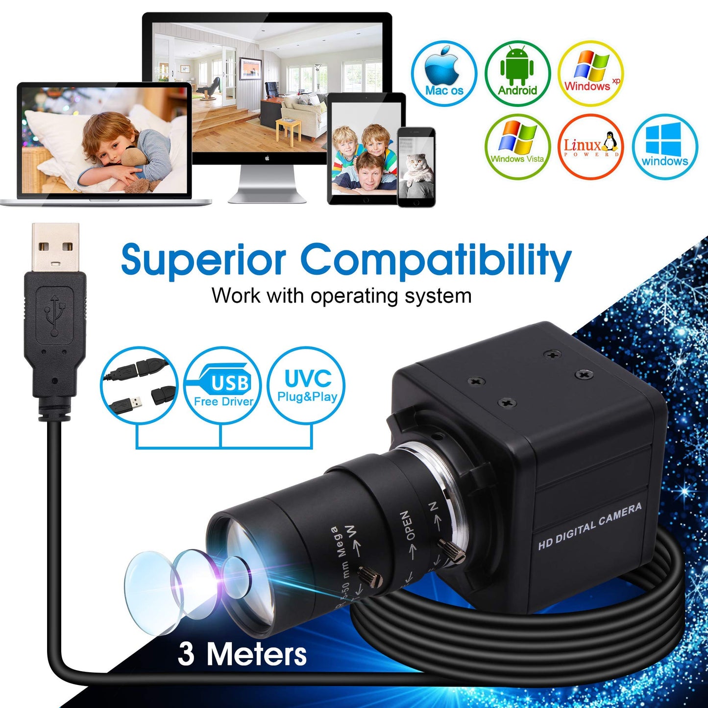 ALPCAM USB Camera 4K Ultra HD Webcam with 5-50mm Varifocal Lens USB Camera High Resolution 3840P Optical Web Camera,Manual Zoom Conference Webcam Support OPENCV on Mac/Window/Linux