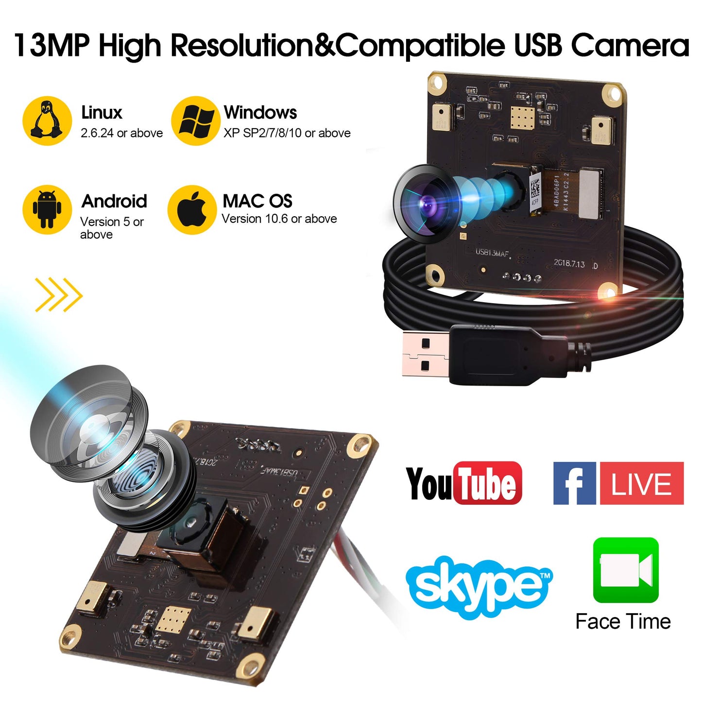 13mp USB Camera Module with Microphone Autofocus Audio Video Webcam Board for Computer Mini UVC USB2.0 PC Camera Industrial Embedded USB with Camera IMX214 Lightburn Camera for Laptop Jetson Nano