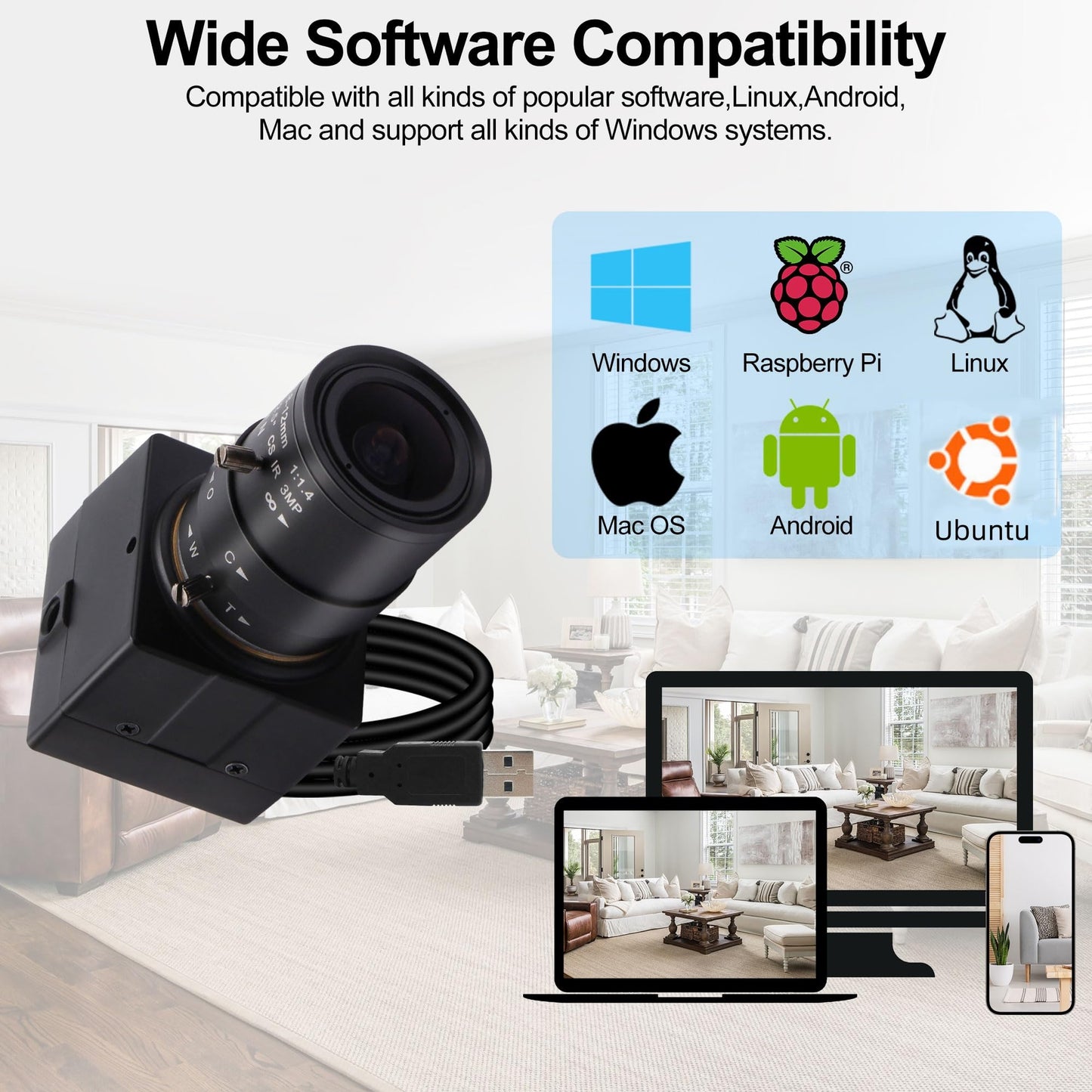 1080P USB Camera H.264 30fps Low Light HD PC Webcam with Zoom Lens 2.8-12mm Manual Focus IMX323 Sensor Computer Webcam Industrial Lightburn Close-up Camera for 3D Printer,Video Meeting