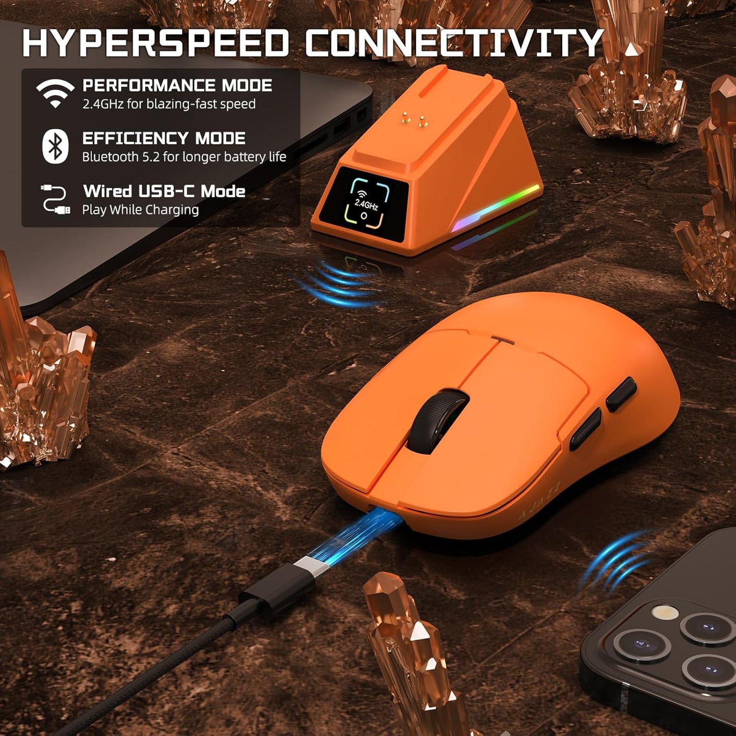 AJAZZ AJ159 APEX Wireless Gaming Mouse with Magnetic Charging Base, 56g Lightweight BT/2.4G/USB-C Wired Mouse, PAW3950APEX 42K DPI Optical Sensor, Programmable Buttons for PC/Mac/Win(White)