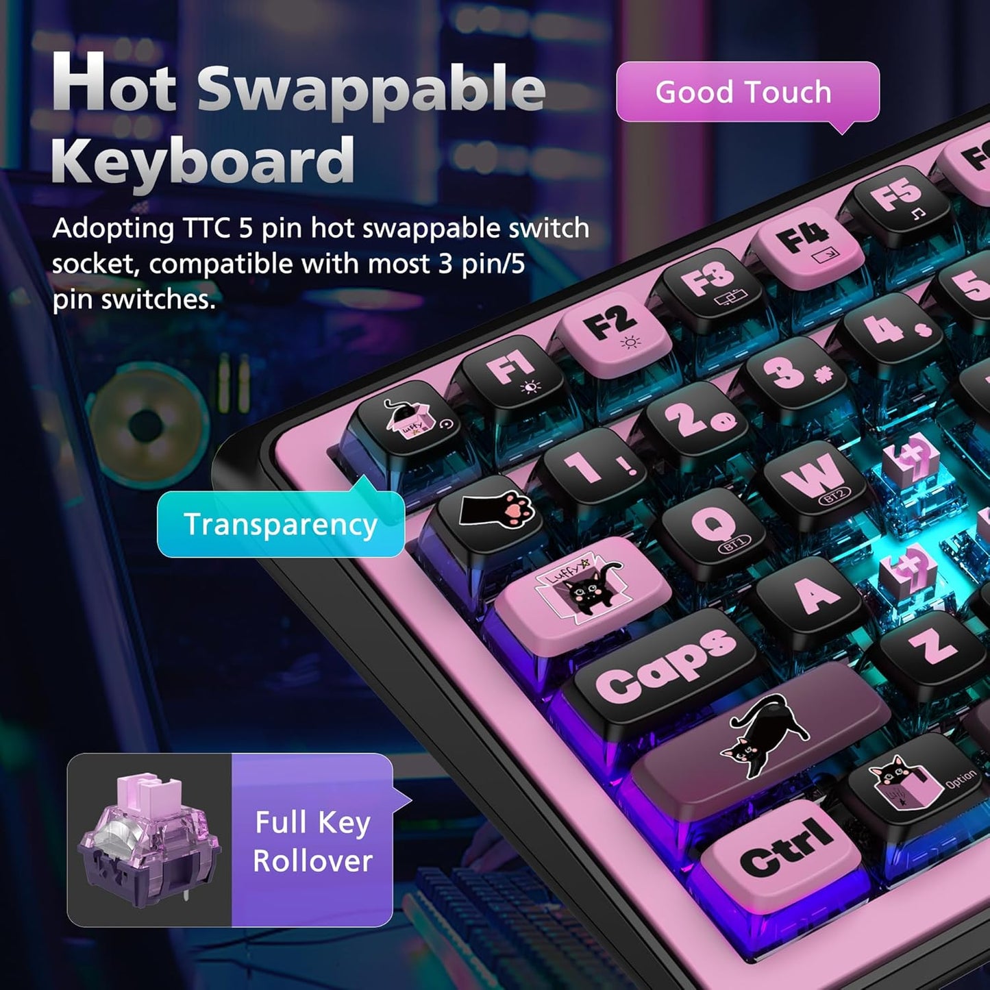 98% Mechanical Gaming Keyboard,96 Keys Full Key Rollover Wireless Keyboard Hot Swappable Gasket Structure,Bluetooth,2.4GHz,USB-A to C 3-Mode,with Screen,RGB,PBT Keycaps,for PC Laptop (Purple
