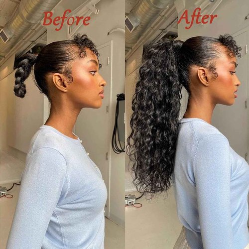 Ponytail Extension Drawstring Human Hair Clip in Pony Tail Hair Extensions for Black Women Curly Wave Thick Natural Looking Hair Pieces Water Wave Human Hair Ponytail(24Inch)
