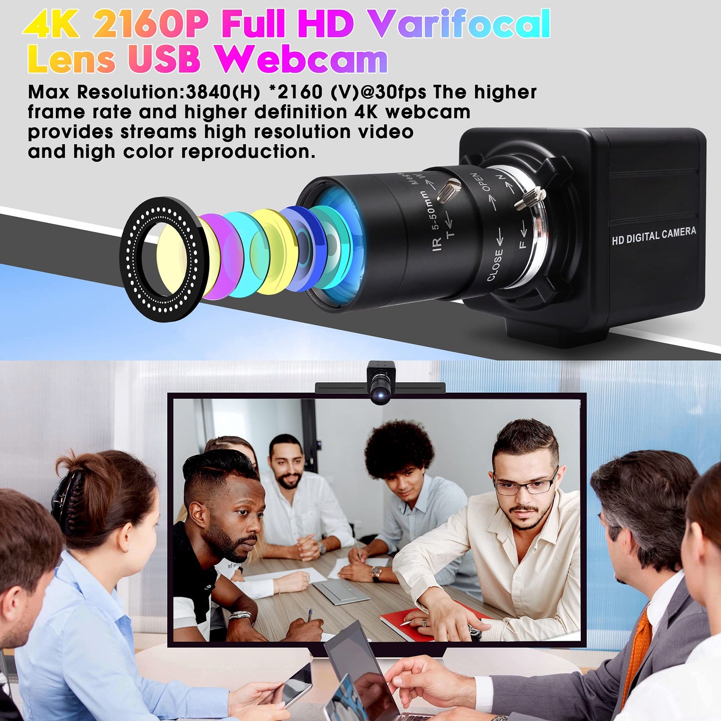 4K USB Camera Manual Zoom Webcam 5-50mm Variable Focus PC Camera for Computer Mini UVC USB2.0 Web Camera IMX317 Varifocal USB with Camera Industrial Video Close-up Camera for Laptop Android Mac