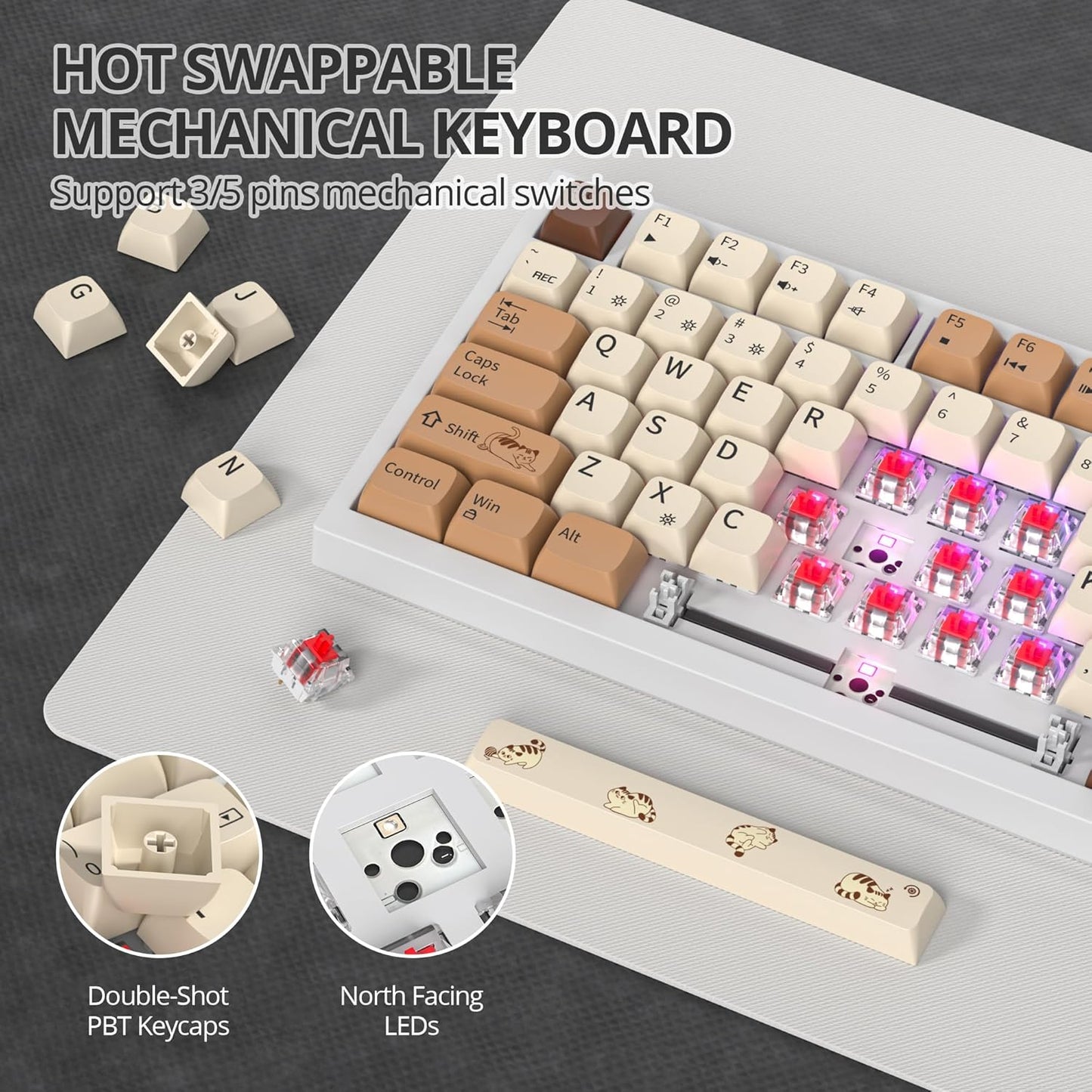 75% Mechanical Gaming Keyboard with Volumn Knob, Gasket Hot Swappable RGB, Wired, Red Switch, 82 Keys Compact Creamy (Black Grey)