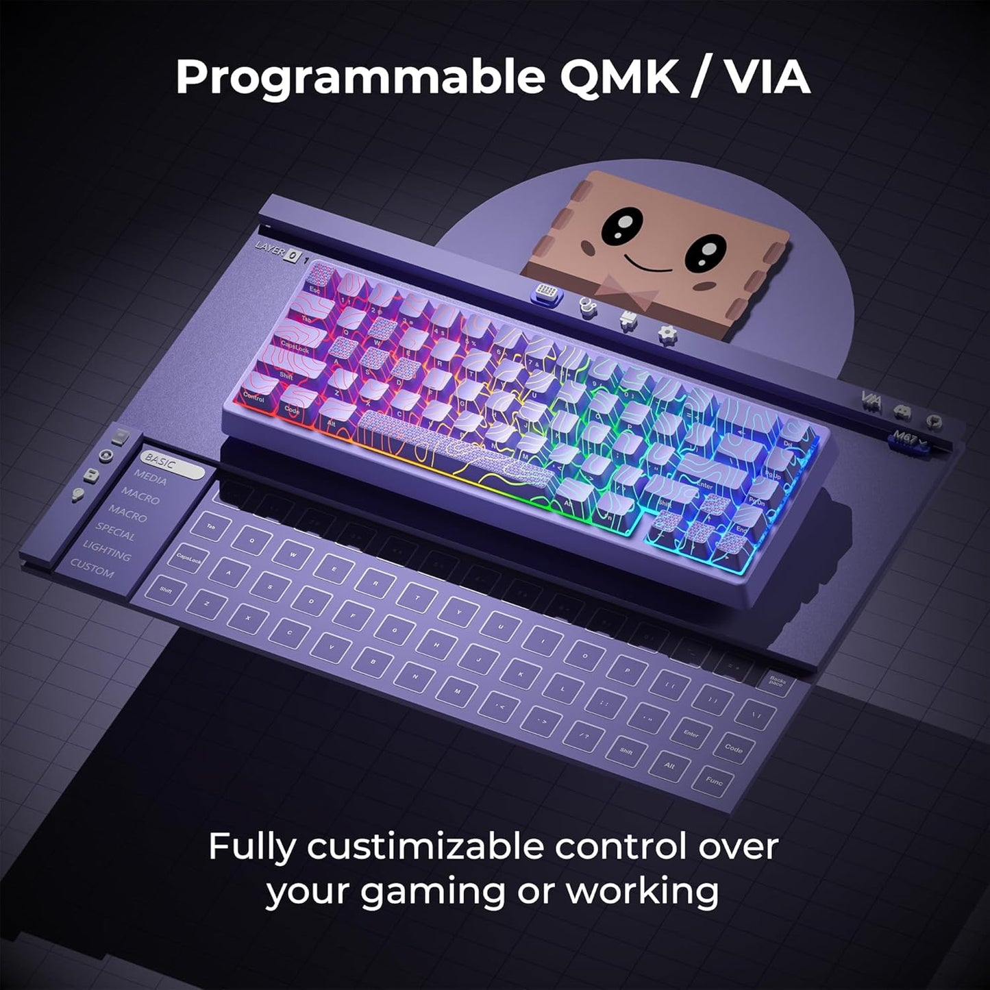XVX M67 Wireless 60% Percent Keyboard, QMK/VIA Topographic Gaming Keyboard, Tri-Mode Thocky Creamy Mechanical Key Board, Hot Swappable Gasket Mount RGB IMD Tech for Win/Mac, Miami Theme, White