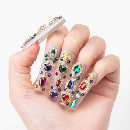 LOVFUL Press on Nails Treasure Trove Rhinestone | Handmade with Full Covered Crystals | Reusable Full Cover Nails | Square Mid length 1.7 in | H103-L