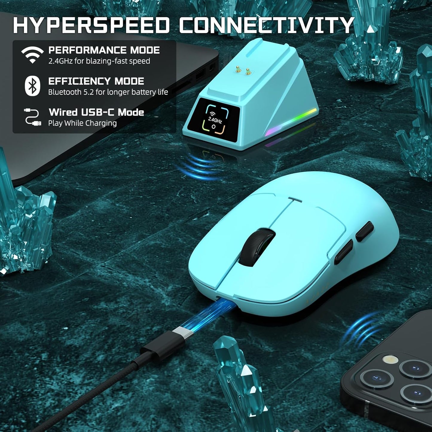 AJAZZ AJ159 APEX Wireless Gaming Mouse with Magnetic Charging Base, 56g Lightweight BT/2.4G/USB-C Wired Mouse, PAW3950APEX 42K DPI Optical Sensor, Programmable Buttons for PC/Mac/Win(Blue)