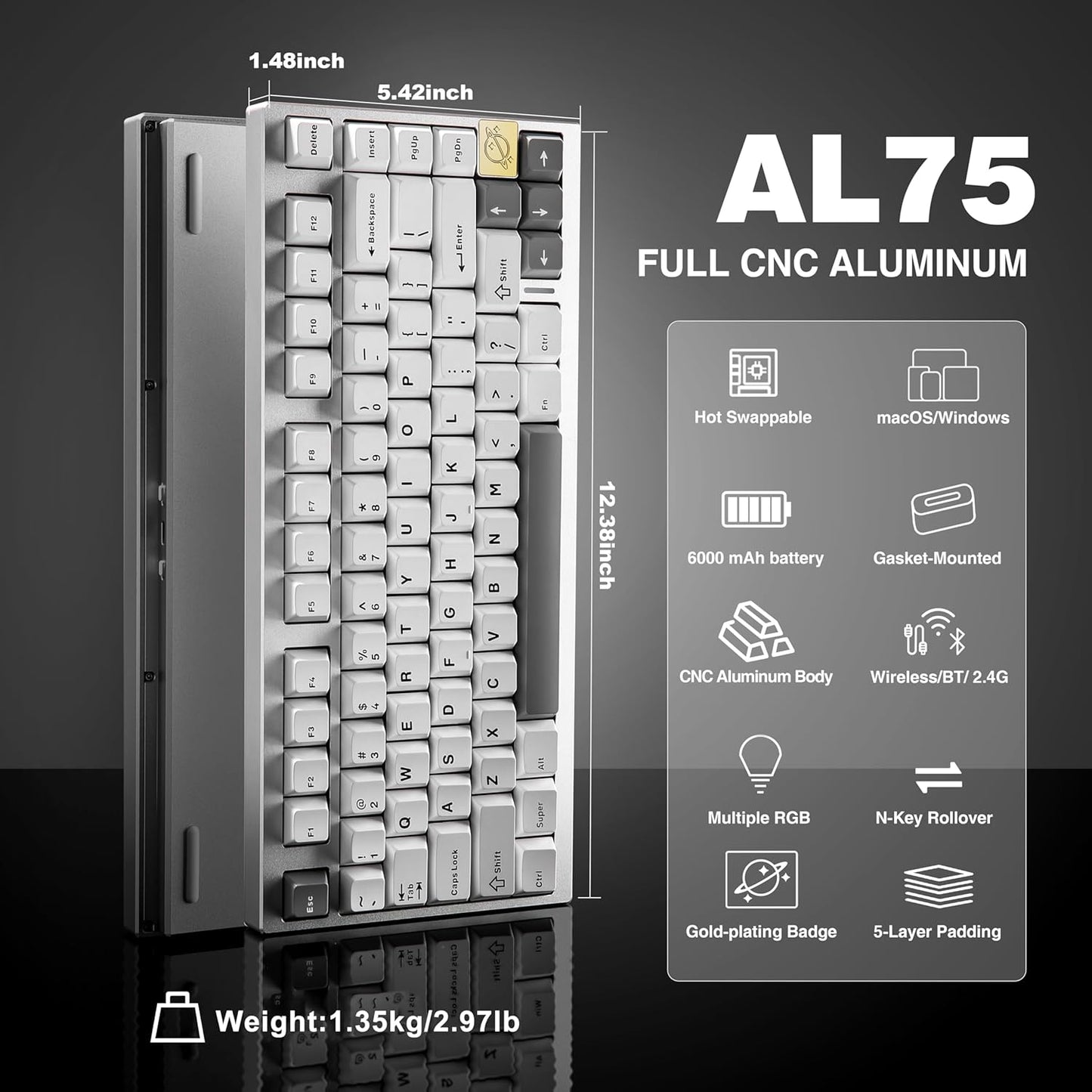YUNZII AL75 Wireless Mechanical Gaming Keyboard,Full Aluminum CNC,75% Layout,BT/2.4G/Wired,Hot Swap,Creamy Switches,TKL Gasket,RGB Backlight,Programmable for Mac/Win (Silver, Blue Grey Switch)