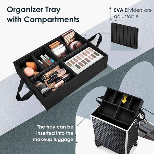 Yueieoun Makeup Train Case,3 in 1 Large Rolling Makeup Case, Barber Travel Cosmetology Case Professional Nail Cart Organizers Cosmetic Cases Beauty Salon Lockable Trolley for Hairstyle,Tattoo,Manicure