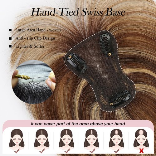 EMMOR 10 Inch Real Human Hair Topper for Women - Upgrade Swiss Lace Base with 3 Non-Slip Clips, 4.5" x 3" Clip in Bangs for Thinning Hair & Natural Hair Loss Coverage(Ombre Brown & Blonde Highlight)