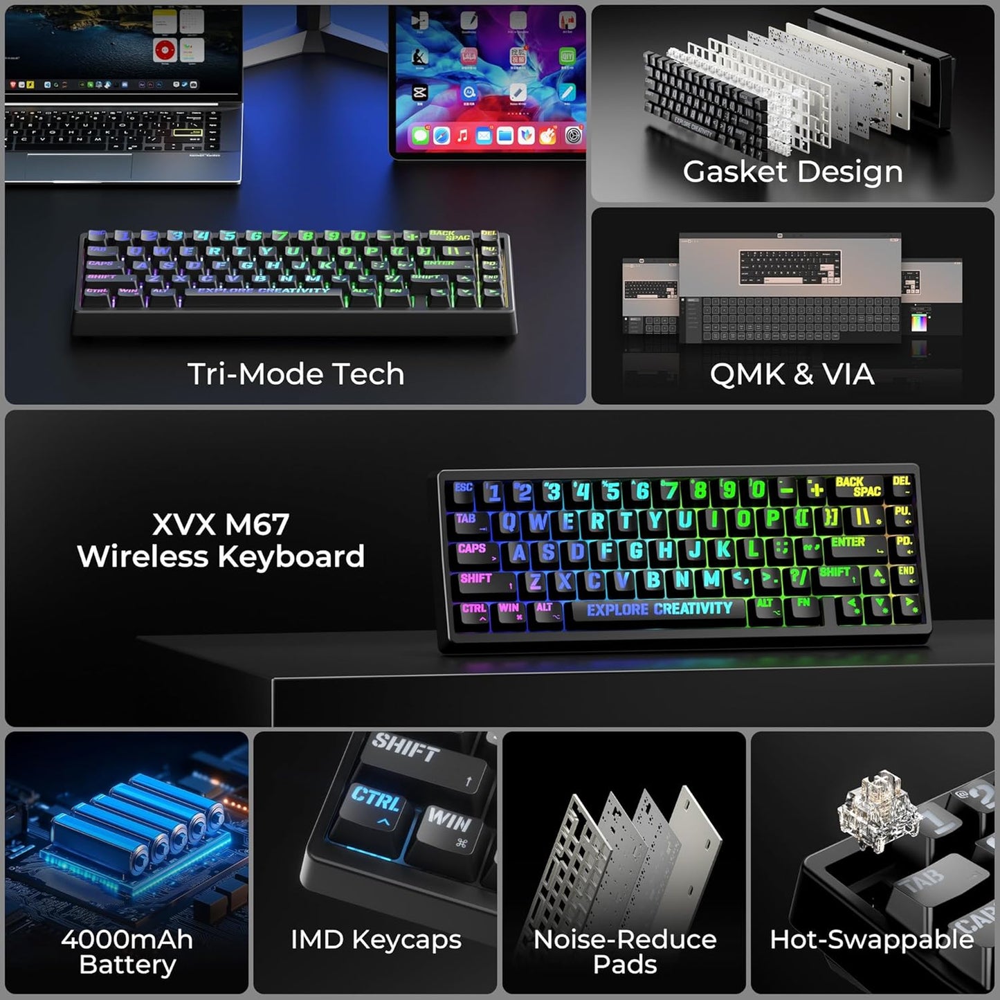 XVX M67 Wireless 60% Percent Keyboard, QMK/VIA Topographic Gaming Keyboard, Tri-Mode Thocky Creamy Mechanical Key Board, Hot Swappable Gasket Mount RGB IMD Tech for Win/Mac, Miami Theme, White