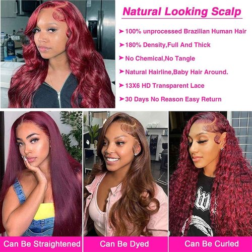 BOSDIOS 13x6 Burgundy Lace Front Wigs Human Hair Red 99J Body Wave Transparent Lace Frontal Wig Human Hair for Black Women Colored Wine Red Wig 180% Density Glueless Pre Plucked With Baby Hair(30in)