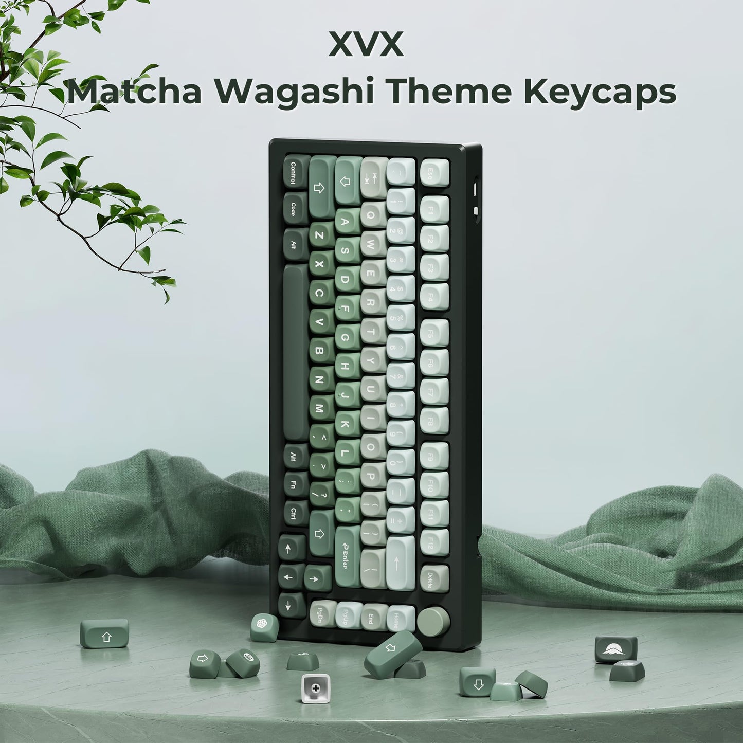 XVX Matcha Wagashi PBT Keycaps - Custom Keyboard Keycaps 60 75 100%, 5 Side Dye Sublimation, 132 Keys Set for Cherry Gateron MX Switches, Gradient Green