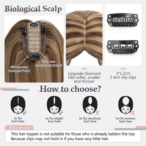 SLEEKALON Human Hair Topper - 150% Density Silk Base Brown Ombre Blonde - No Bangs - Wig Clips (12 Inch, 4P27#)