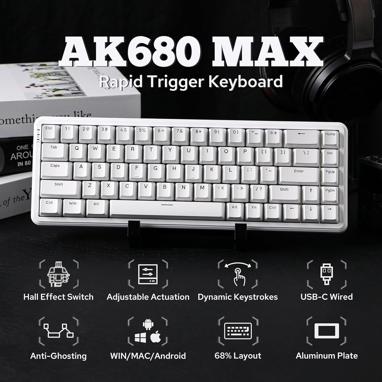 AK680 MAX Wired Gaming Keyboard with Hall Effect Switch, Rapid Trigger Magnetic Keyboard with 8K Polling Rate, Top Structure, RGB Backlight (White)