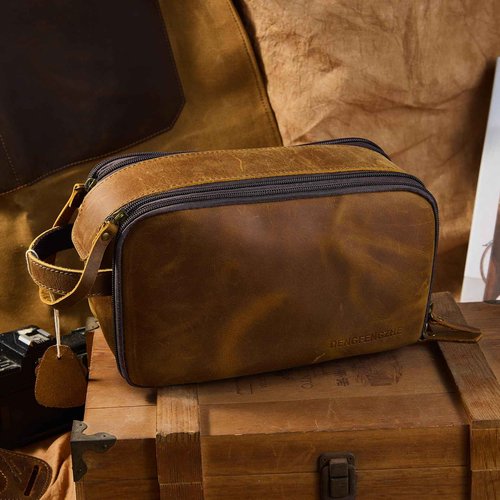DENGFENGZHE Toiletry Bag for Men, Full Grain Leather Travel Pouch Shaving Dopp Kit Bathroom Toiletries Organizer Bags, Brown