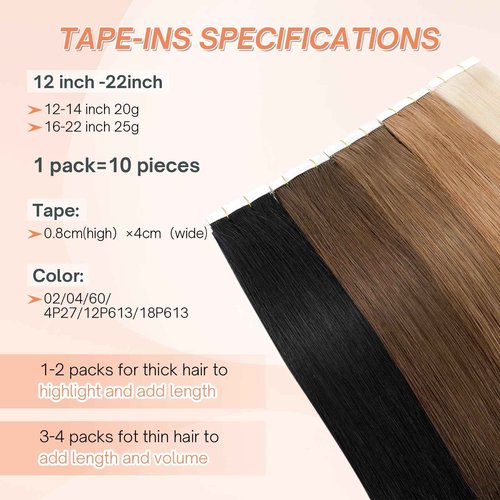 Benehair Tape in Human Hair Extensions, 22 inch Straight Invisible Tape Extensions Remy Blonde Hair Extensions 10pcs 20g Ash Brown Mix Bleach Blonde 18p613