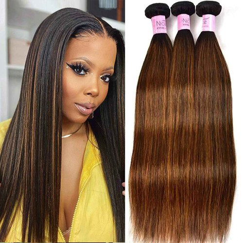UNice Brown Blonde Straight Human Hair Weave 3 Bundles, Brazilian 100% Virgin Unprocessed Remy Hair Ombre Highlight Color Hair Extensions 100g/pc (10 12 14)