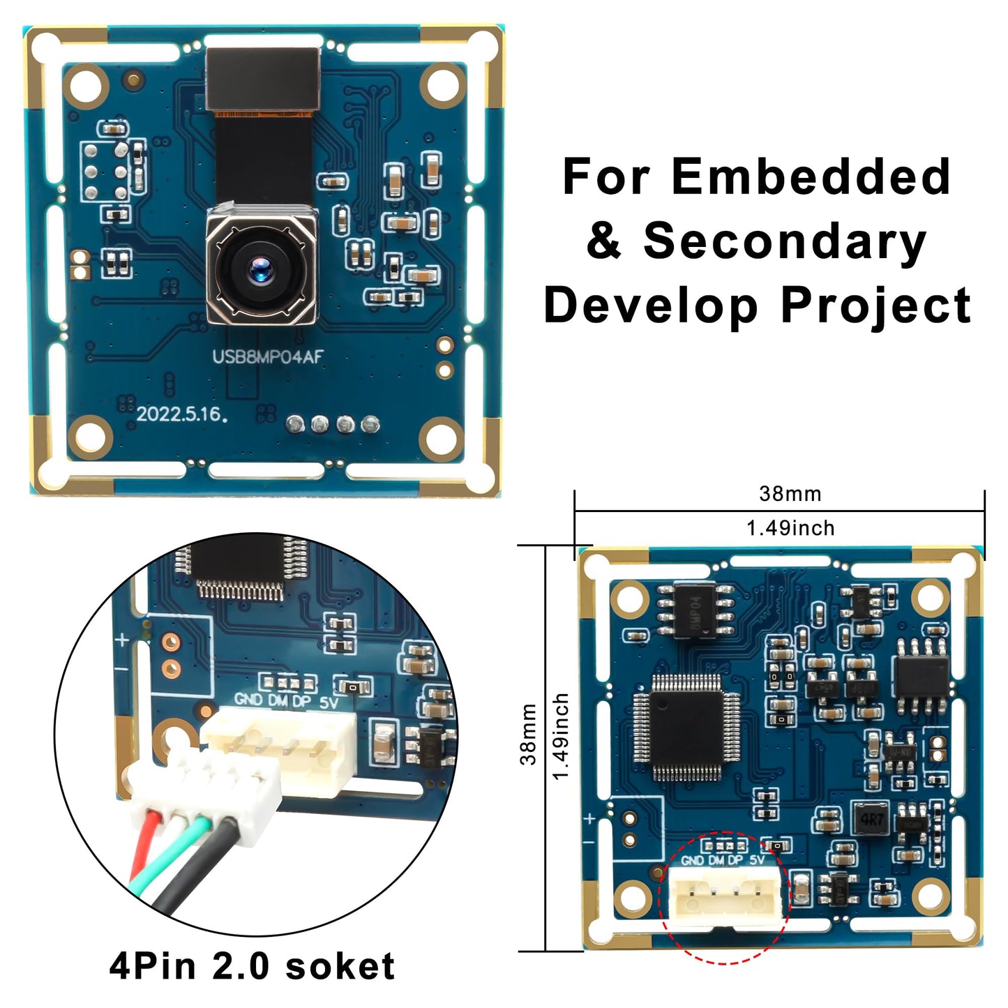 ALPCAM 8MP Autofocus USB Camera Module for Computer, IMX179 Mini UVC USB2.0 Webcam No Distortion Lightburn Camera for 3D Printer, 2448P Embedded Webcam for Windows, Linux, Android and Mac OS