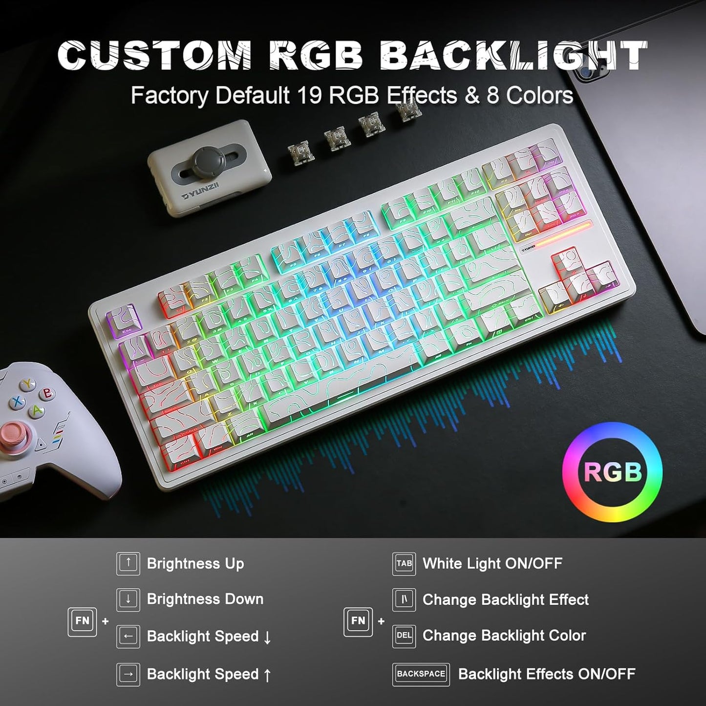 YUNZII YZ87 Gasket Mechanical Keyboard,TKL Wireless Hot Swappable with 5-Layer Padding, BT5.0/2.4G/USB-C NKRO RGB Backlit for Win/Mac(White, Milk Switch)