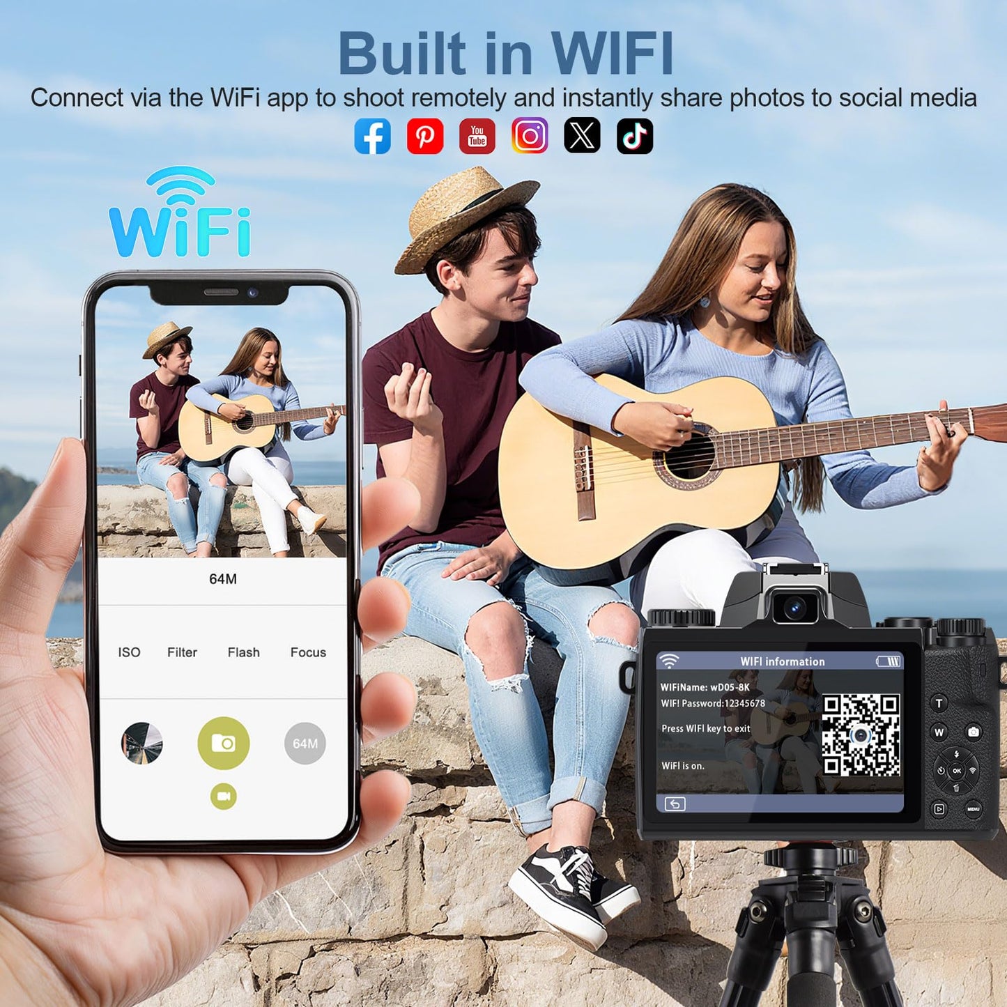 8K Digital Cameras for Photography, WiFi 64MP Vlogging Camera for YouTube, 4" Touch Screen Travel Camera with Dual Lens, Auto Focu, 16X Digital Zoom, 3000mAh Batteries, 32GB Card, Black