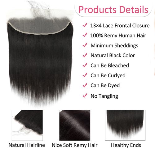 Straight Lace Frontal 13x4 Ear to Ear 100% Virgin Remy Human Hair Transparent HD Lace Frontal Closure 150% Density Straight Hair Closures With Baby Hair Natural Black (20 Inch)