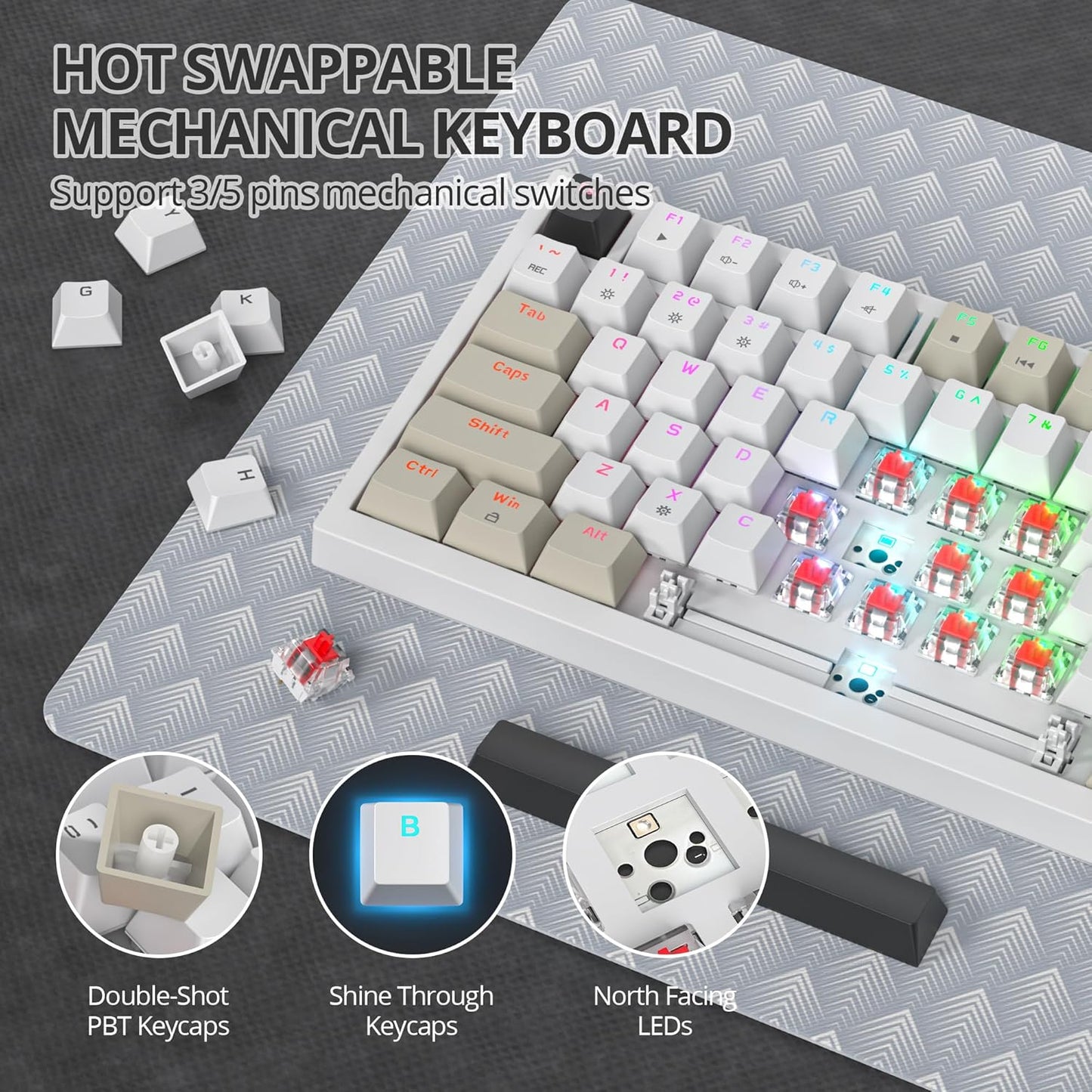 75% Mechanical Gaming Keyboard with Volumn Knob, Gasket Hot Swappable RGB, Wired, Red Switch, 82 Keys Compact Creamy (Black Grey)