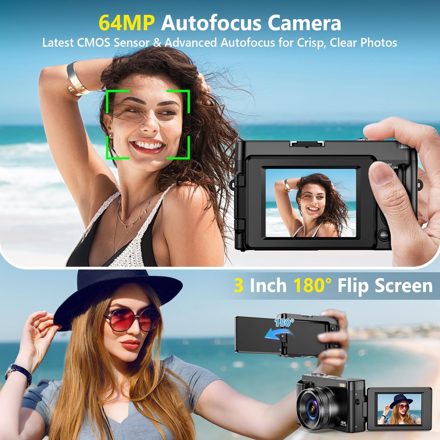 4K Digital Camera for Photography Autofocus, Upgraded 64MP WiFi Vlogging Camera for YouTube with 3" 180° Flip Screen, 16X Zoom, Compact Travel Cameras for Beginners with 32GB Card, 2 Batteries, Black
